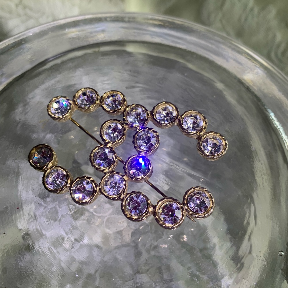Chanel Co Co "FAUX" Logo  Brooch - Elegant Gold and Clear Crystal Pin